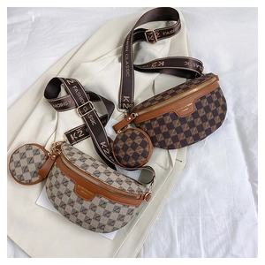 Close-up of stylish checkered chest bags with adjustable strap and small round coin pouch
