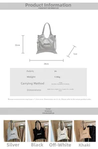 Detailed size chart and multi-color view of Gothic rivet tote bag with PU silver coating