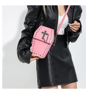 Pink coffin shaped crossbody bag with silver rivets and gothic metal cross detail