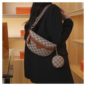 Detail view of checkered pattern chest bag with round coin purse and woven strap