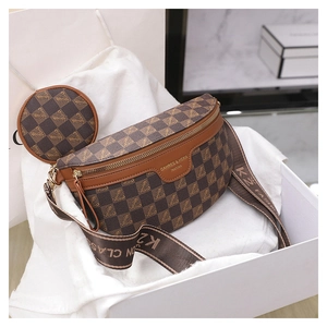 Detail of checkered fanny pack with a round coin purse and logo strap in a gift box