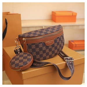 Detail of checkered waist bag with coin purse and fashion text strap on gift box