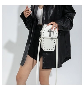 Gothic white coffin crossbody bag with vintage silver cross and stud detailing