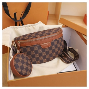 Retro checkered waist bag set with round coin purse in a luxury orange gift box