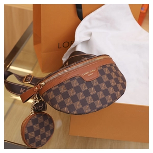 Detail view of checkered pattern chest bag with golden zipper and mini round coin purse