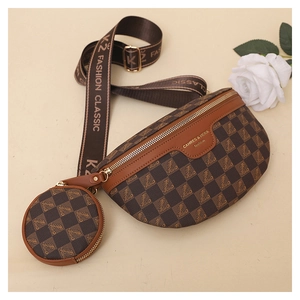 Detail of checkered crossbody bag with detachable coin purse and branded woven strap