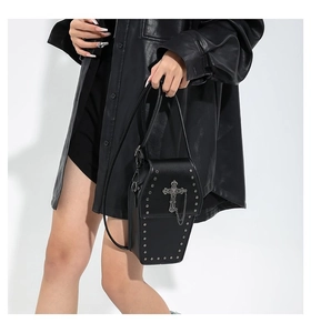 Gothic coffin shaped crossbody bag with silver rivets and cross pendant detail