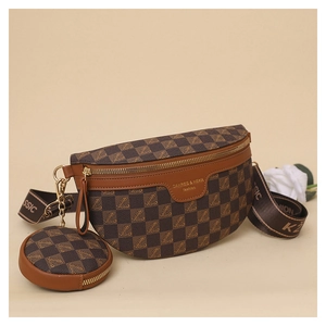 Detail view of brown checkered waist bag with matching round coin purse and logo strap