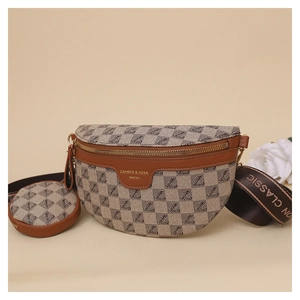 Detail of monogram jacquard chest bag with leather trim and round coin purse attachment