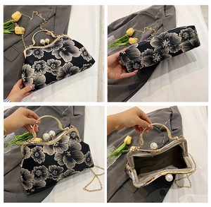 Detailed views of vintage shell bag with floral patterns, pearl clasp and chain strap