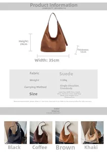 Tableau des tailles et spécifications pour les sacs fourre-tout en daim de deux tailles