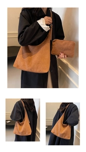 Sac fourre-tout en daim marron avec pochette assortie et bandoulière en cuir souple