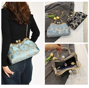 Detailed embroidery and large pearl clasp on vintage floral chain shoulder bag