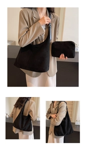 Détails du grand sac cabas noir en daim avec pochette assortie et bandoulière réglable