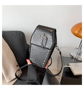 Gothic black coffin-shaped crossbody bag with silver rivets and metal cross detail