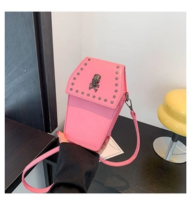 Pink coffin-shaped gothic mobile phone bag with skull emblem and black rivets detail