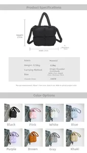 Grille détaillée de sacs matelassés en huit coloris avec spécifications de taille