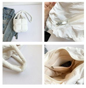 Vues détaillées du sac fourre-tout matelassé blanc avec fermeture éclair et intérieur