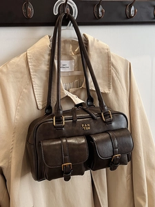 Vintage Synthetic Leather Shoulder Bag For Women Large Capacity Multi-Pocket Bowling Bag Retro British Style Commute Tote Bag