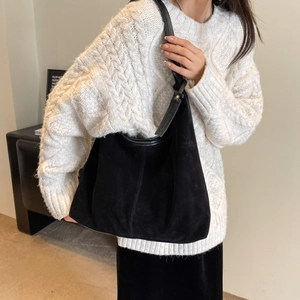Minimalist black matte large capacity hobo shoulder bag with textured suede finish