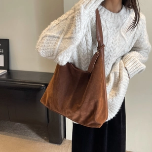 Brown frosted leather tote bag with large capacity for women's autumn style