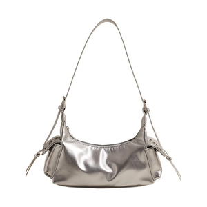 Metallic silver croissant shoulder bag with drawstring side pockets and a sleek minimalist design
