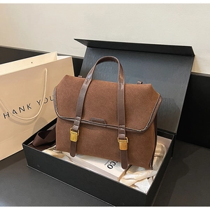 Brown frosted retro briefcase style bag shown in premium gift box with thank you bag