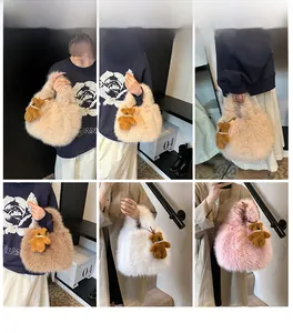 Multiple views of fuzzy plush handbags in various colors with cute bear charms