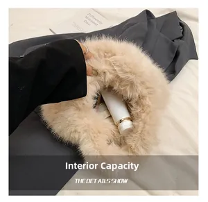 Detail showing internal storage capacity of the beige faux fur plush tote bag