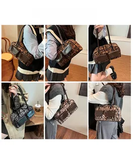 Collage of model carrying vintage leopard print shoulder bag with double front pockets