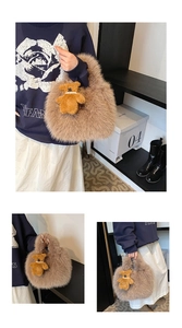 Detail of soft fuzzy faux fur tote bag in light brown with a cute plush bear charm