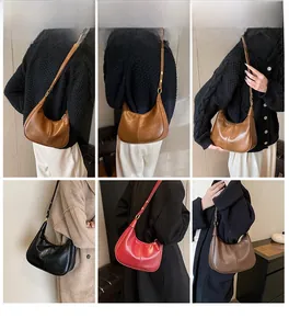 Collage of chic crescent shoulder bags in various colors on a model with elegant styling