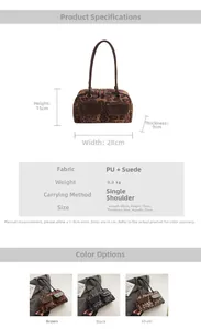 Size guide for leopard print suede tote bag with dimensions 28x15x9cm and shoulder strap