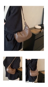 Detailed views of a vintage brown oil wax leather hobo bag worn as a shoulder and underarm bag