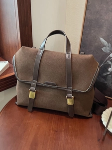 Retro dark coffee suede briefcase bag with leather straps and gold metal buckles