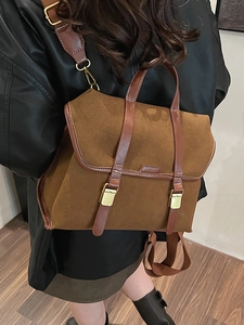 Vintage caramel brown frosted suede backpack with flap and gold metal buckles