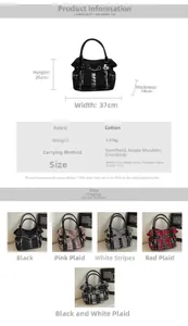 Detailed dimensions of gothic punk tote bag with checkered patterns and metal chains