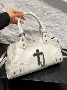 Gothic Punk Motorcycle Bag For Women Rivet Cross Metal Chain PU Leather Shoulder Bag Underarm Boston Bag Y2K Street Style