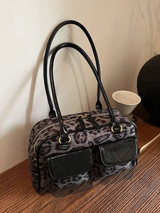 Fashionable leopard print faux suede bowling shoulder bag with vintage dual top handles
