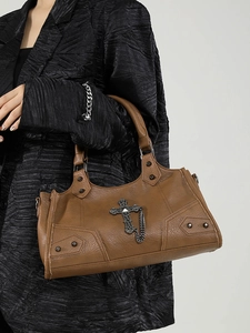 Brown litchi grain PU leather crossbody bag with metal cross and rivets in punk style