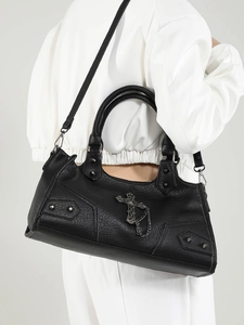 Black PU leather motorcycle crossbody bag with metal rivets and cross pendant chain accessory
