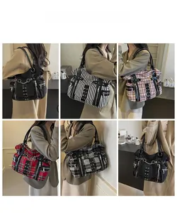 Detailed views of gothic punk tote bags with metal chains, rivets and various plaid patterns