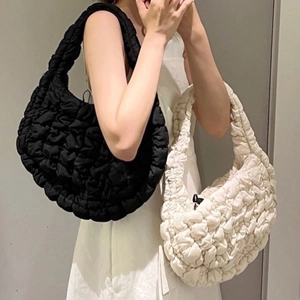 Quilted puffer cloud shoulder bag for women in minimalist black and cream white colors