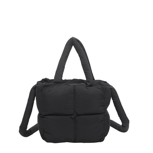 Minimalist black quilted down cotton square crossbody bag with soft top handles