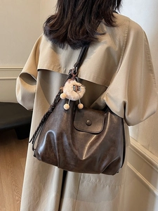 Brown vintage PU leather tote bag with plush sheep charm for women's daily commute