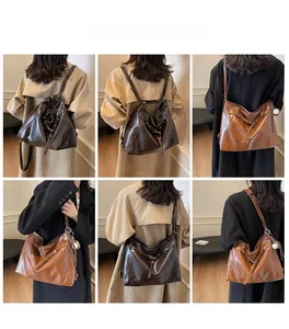 Detailed views of a large vintage brown tote bag shown in multiple carrying angles