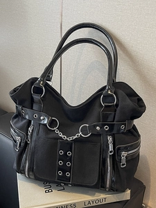 Gothic punk canvas tote bag with metal eyelets and silver chains for women fashion