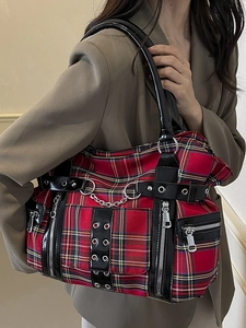 Gothic punk red plaid tote bag with black faux leather trim and silver chains