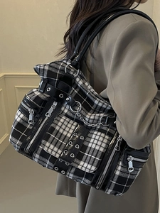 Gothic punk checkered canvas tote bag with silver metal chains and multi-zipper details