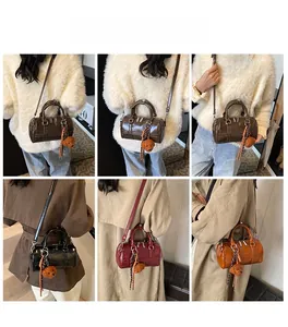 Detailed views of multi-color bowling bags with teddy charms on various models
